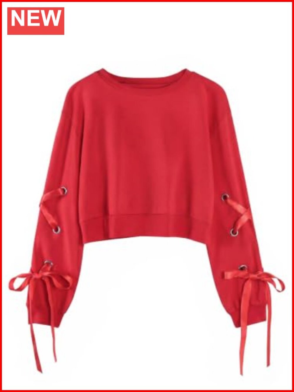 Womens Lace Up Cropped Sweatshirt Long Sleeve Cotton Blend Pullover